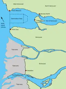 Map of the coast of Vancouver British Columbia showing the locations of World War II coastal defence forts