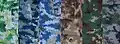 Various camouflage color schemes suited to different background terrain types.