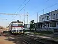 Veľké Kapušany train station, with a ZSSK Class 812 DMU