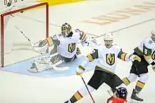 Fleury, forward Max Pacioretty, and defenseman Colin Miller during a game against the Washington Capitals in October 2018