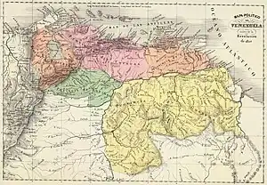 Map of Venezuela in 1810, including Provincia de Caracas (in pink).