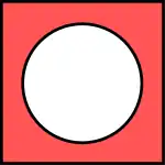 An unfilled circle inside a square. The area inside the square not covered by the circle is filled with red. The borders of both the circle and the square are black.