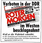 An advertisement for Roter Morgen. The German text in bold reads: "Forbidden in the GDR, confiscated in the West".