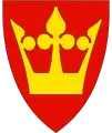 A golden crown appears prominently in the arms of Vestfold, a county in Norway.