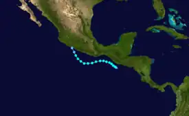 Map plotting the track and the intensity of the storm, according to the Saffir–Simpson scale