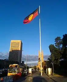 The Aboriginal flag flying in the square, near where the flag was first flown, 2013