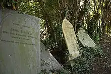 Tottering Victorian headstonesin Woolaton, in Nottingham, England