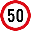 A circular white sign with a red border, with the number "50"