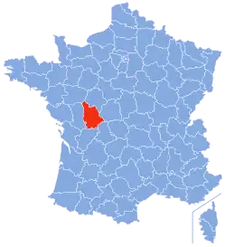 Blue coloured map of France showing the different departments of France highlighted by white lines