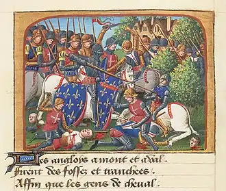 French, white cross, and English, red cross, fighting at the battle of Formigny during the Hundred Years' War.