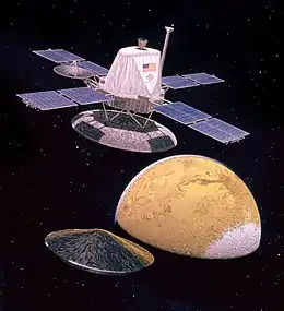 Artist impression of the Viking Orbiter releasing the aeroshell-clad lander (Don Davis).