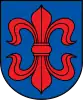 A coat of arms depicting a large, red fleur-de-lis that has a horizontal symmetry axis all on a blue background bordered by a black line