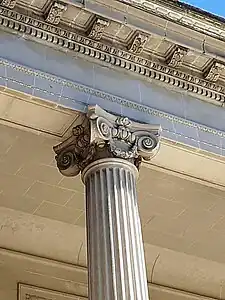 Neoclassical Ionic capital with a festoon between its volutes, part of the entrance portico of the Villa Eilenroc, Antibes, France, by Charles Garnier, 1860-1867