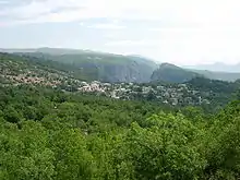 A small village in the middle of dense vegetation. Part of a deep gorge can be seen on the background.