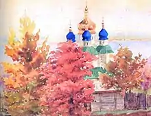 Painting by Olga of a Russian church with blue onion domes, partially obscured behind trees in autumnal colours