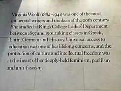 Plaque describing Virginia's time at King's College London, on the Virginia Woolf Building there