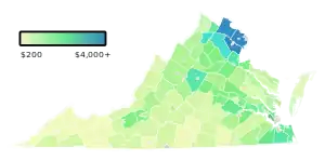 A map of Virginia colored green to blue based on how much property tax was paid, from $200 to $4,000+.