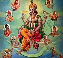 Vishnu surrounded by his avatars; artwork by Indra Sharma