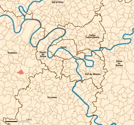 Location (in red) within Paris inner and outer suburbs