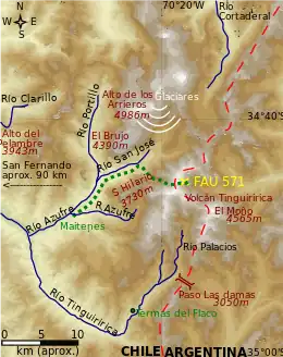 A topographic map of the area surrounding the plane crash site with Parrado and Canessa's route marked