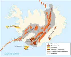 Active volcanic areas and systems in Iceland