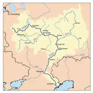 Map of the drainage basin of the Volga and Kama.