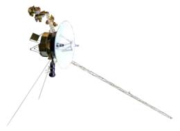 Artist's rendering of the Voyager spacecraft, a small-bodied spacecraft with a large, central dish and multiple arms and antennas extending from the dish