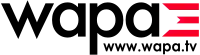 In lowercase in a geometric sans serif in black, the letters "w a p a" next to a motif of three red stripes echoing those in Puerto Rico's flag.