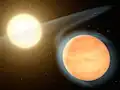 Hot, carbon-rich planet WASP-12b and its host star. (Exoplanet color was unknown at the time of this artist conception).