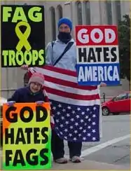 A WBC member and child protesting homosexuality at the Trinity Episcopal Church in Tulsa, Oklahoma