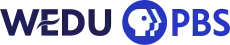 The letters W E D U, with the crossbar of the E formed by a stylized wave, in navy; the PBS network logo and letters P B S in blue.