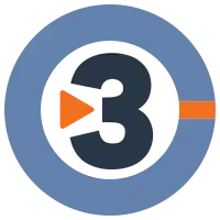 A thick blue circle with a black-colored "3" in the middle, with a small orange arrow representing a play button icon to its left, and a small orange line on the right.