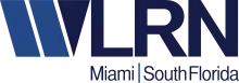 The letters WLRN in blue. The W is composed of two parallelograms in a slightly larger shade and a triangle. Beneath the "LRN" is the text "Miami / South Florida".