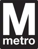 Black and white Washington Metro logo with a big white M above smaller white letters spelling Metro