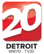 A white angled 20 in a sans serif inside a red shiny rounded rectangle. Underneath in two lines are the words "Detroit" in bold and "WMYD-TV20" in smaller, thinner text.