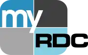 A rounded rectangle divided into blue and gray parts with the word "my" in white and a black "RDC" in the lower right, extending outside of the rectangle.