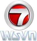 A shiny red sphere framed by a combined chrome 7 and circle (the "circle 7" logo). Underneath the number design are the letters "WSVN" in a distinctive typeface, itself also with a chrome appearance.