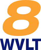 An orange italicized 8 in a sans serif font. Below, the letters WVLT in blue.