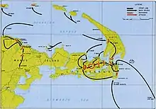 Topographic map of the islands surrounding Seeadler Harbour. There are four small islands to the north, while the much larger Los Negros is to the east and southeast and Manus lies to the southwest.