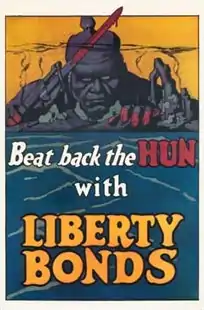 American wartime propaganda depicted the bloodthirsty German "Hun" soldier as an enemy of civilization, with his eyes on America from across the Atlantic.