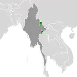 Projection showing Wa State in green and Myanmar (Burma) in dark grey