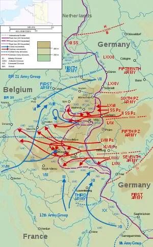 Map of troop movements during the battle of the Bulge. Bastogne is near the middle.