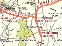 Map of mainly open countryside, with scattered villages. Four railway lines diverge from a station labelled Quainton Road. Two stations, labelled Waddesdon and Waddesdon Manor, are not near any populated area.