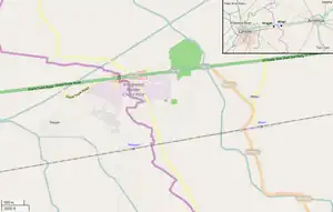 OSM map showing Attari and Wagah, their railway stations, and the Wagah border crossing. In the upper corner is shown the position of the villages between the cities of Lahore and Amritsar (click to expand)