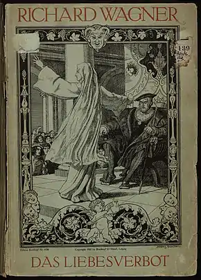 Picture of a vocal score, showing a woman in a white novice nun's outfit pointing at a bearded aristocratic man accusingly as he sits on a throne.