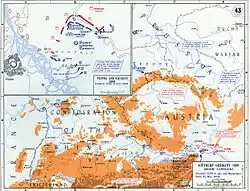 Closeup map of a battlefield, showing French forces moving towards Austrians positions.