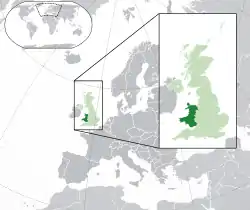 Location of Wales (dark green)– in Europe (green & dark grey)– in the United Kingdom (green)