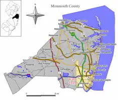 Location of Wall Township in Monmouth County highlighted in yellow (right). Inset map: Location of Monmouth County in New Jersey highlighted in black (left).

Interactive map of Wall Township, New Jersey