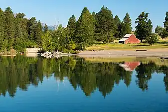 Dam and barn at north end of lake