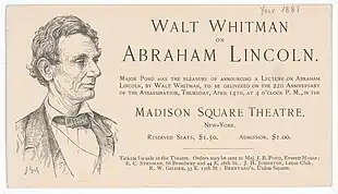  Text announcing Whitman's delivery of a lecture, with a pencil-drawn image of Lincoln on the left side of the notice.